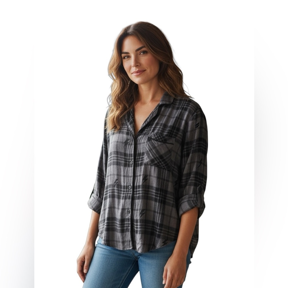 Rails Kellen Charcoal Jet Lightning cropped flannel lounge shirt - Picture 1 of 14